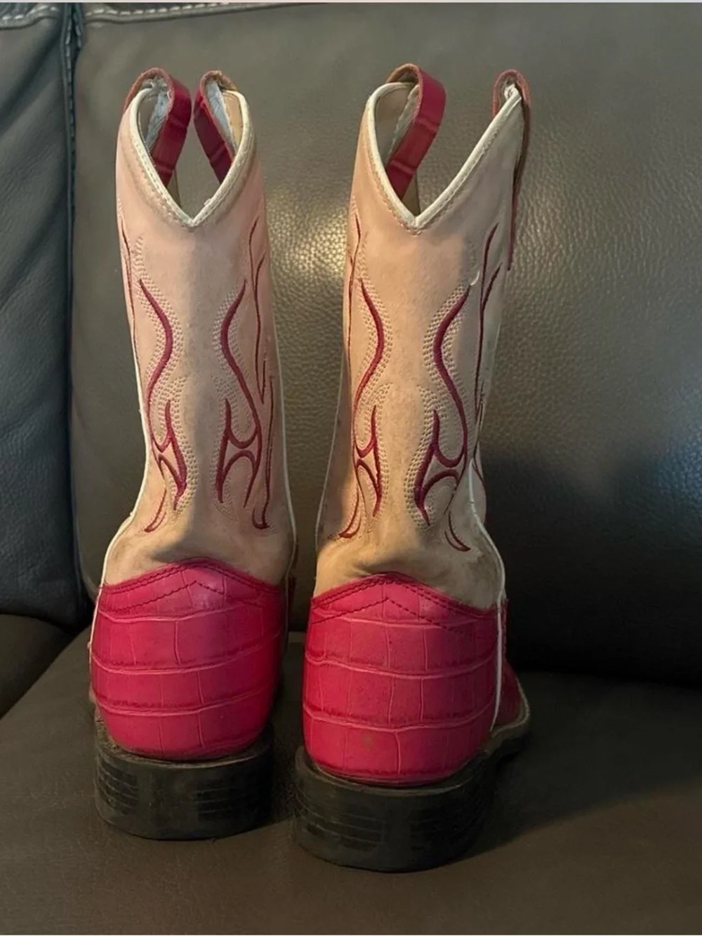 Old West Pink Croc-Effect & Cream Shaft Kids Cowgirl Boots
